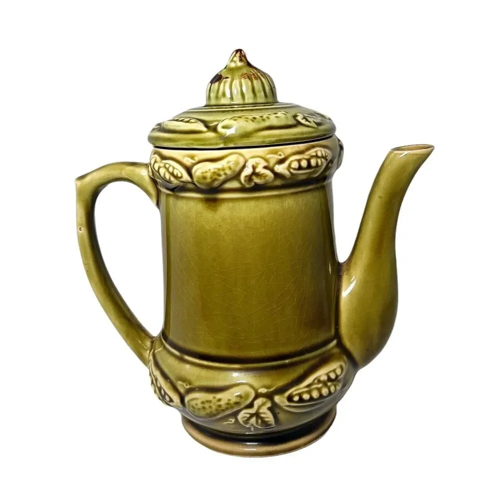 Vintage Ceramic Olive Green Teapot Fruit Veggies Decor Made in Japan